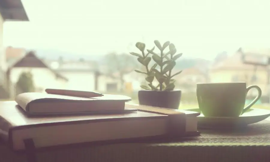 Buku dan secangkir minuman di dekat jendela